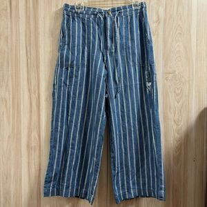 NWT American‎ Eagle High Rise Wide Leg Cropped Pants 6 Tie Waist Striped Denim